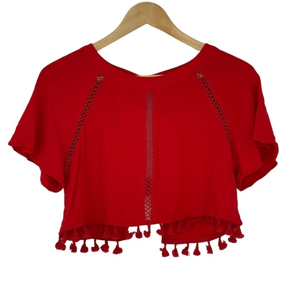 Forever 21 red open back cropped top with tassels, M - Picture 1 of 6